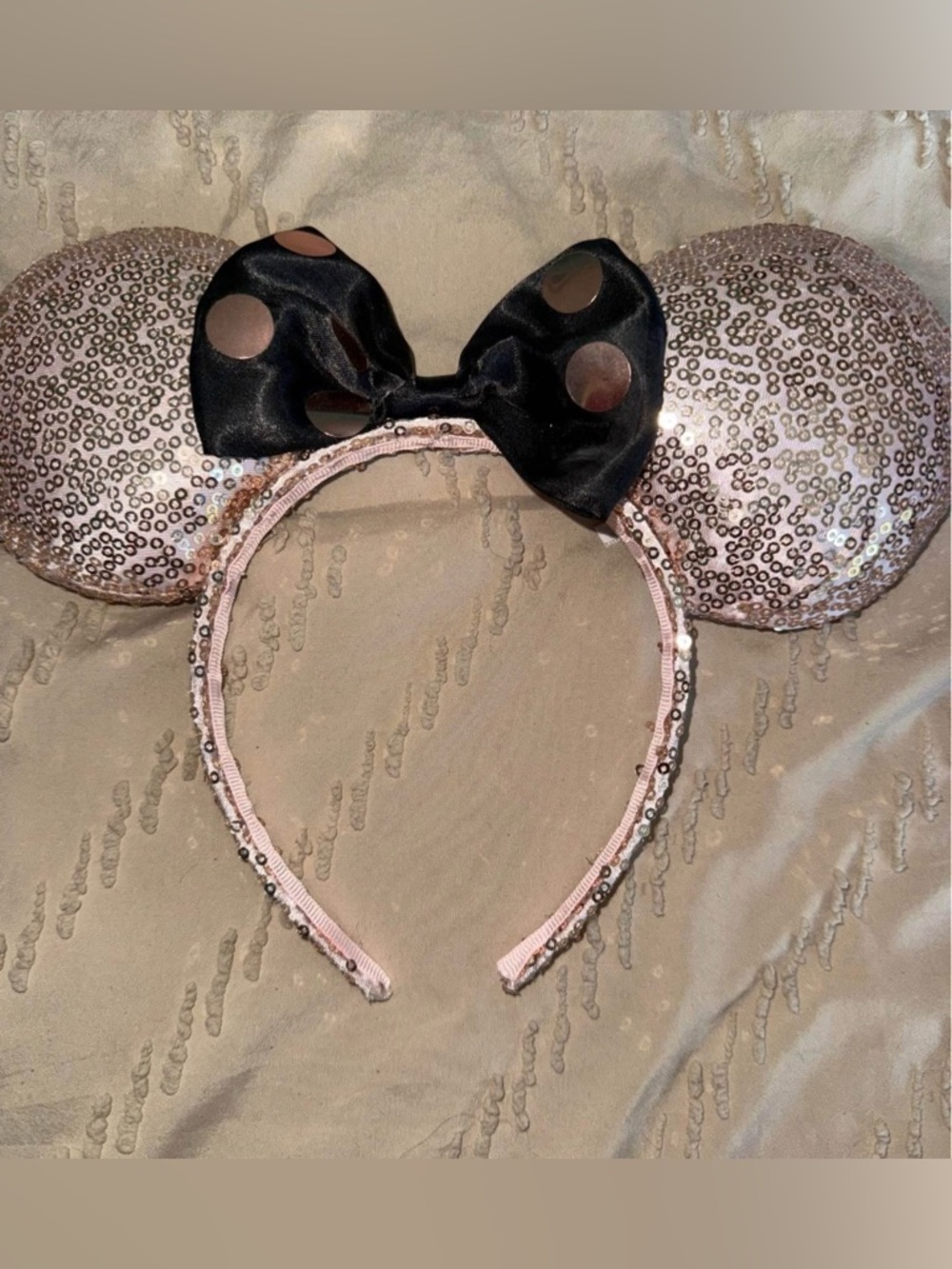 Sequin Minnie Ears Headband with Black Polka Dot Bow